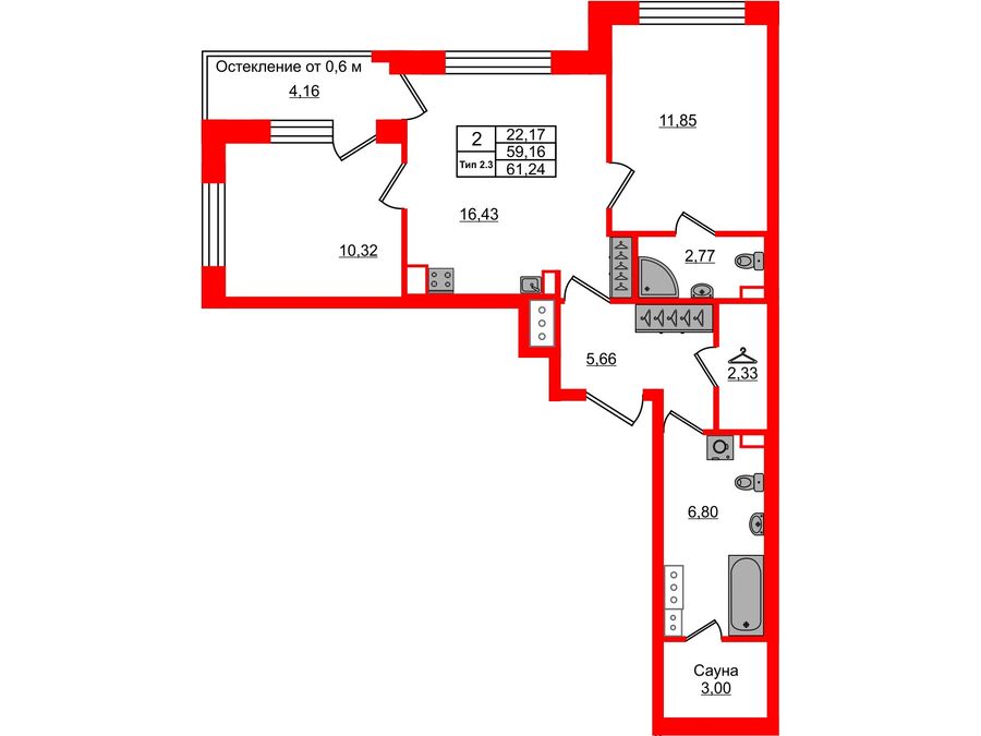 2-комнатная квартира, 59.16 м²; этаж: 2 - купить в Санкт-Петербурге
