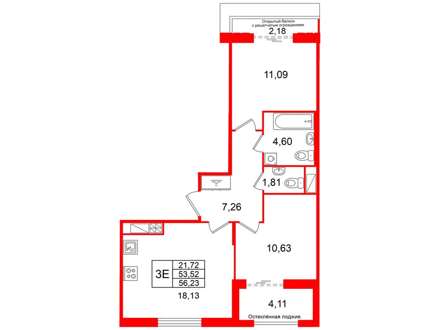 2-комнатная квартира, 53.52 м²; этаж: 6 - купить в Санкт-Петербурге