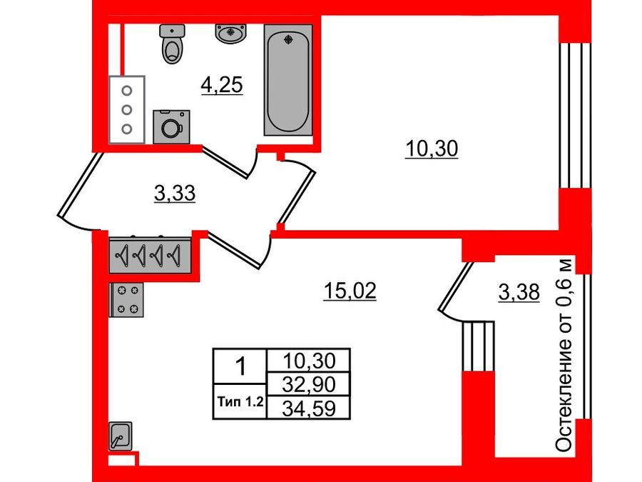 1-комнатная квартира, 32.9 м²; этаж: 5 - купить в Санкт-Петербурге