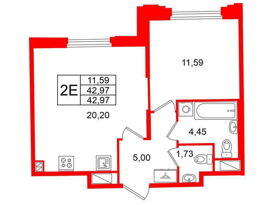 1-комнатная квартира, 42.97 м²; этаж: 4 - купить в Санкт-Петербурге