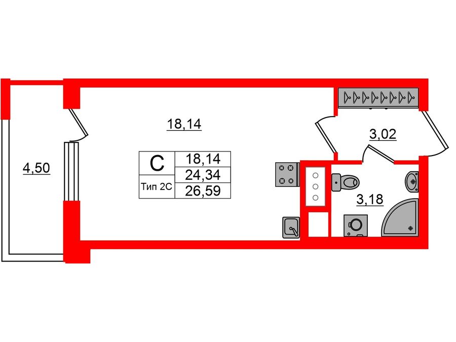 1-комнатная квартира, 24.34 м²; этаж: 10 - купить в Санкт-Петербурге