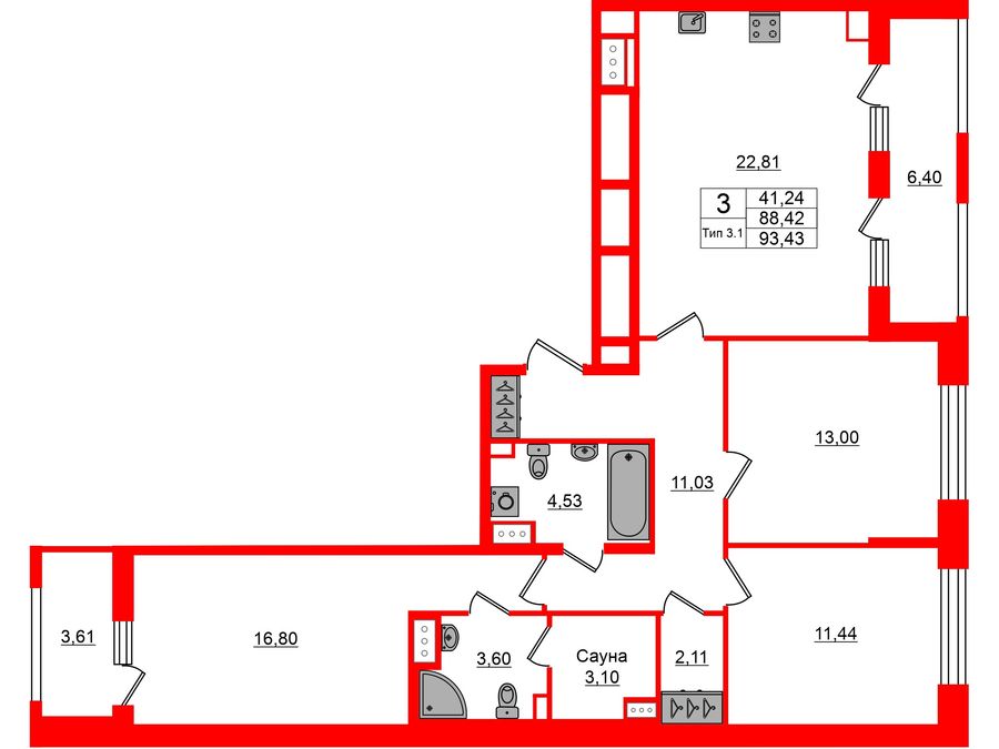3-комнатная квартира, 88.42 м²; этаж: 4 - купить в Санкт-Петербурге