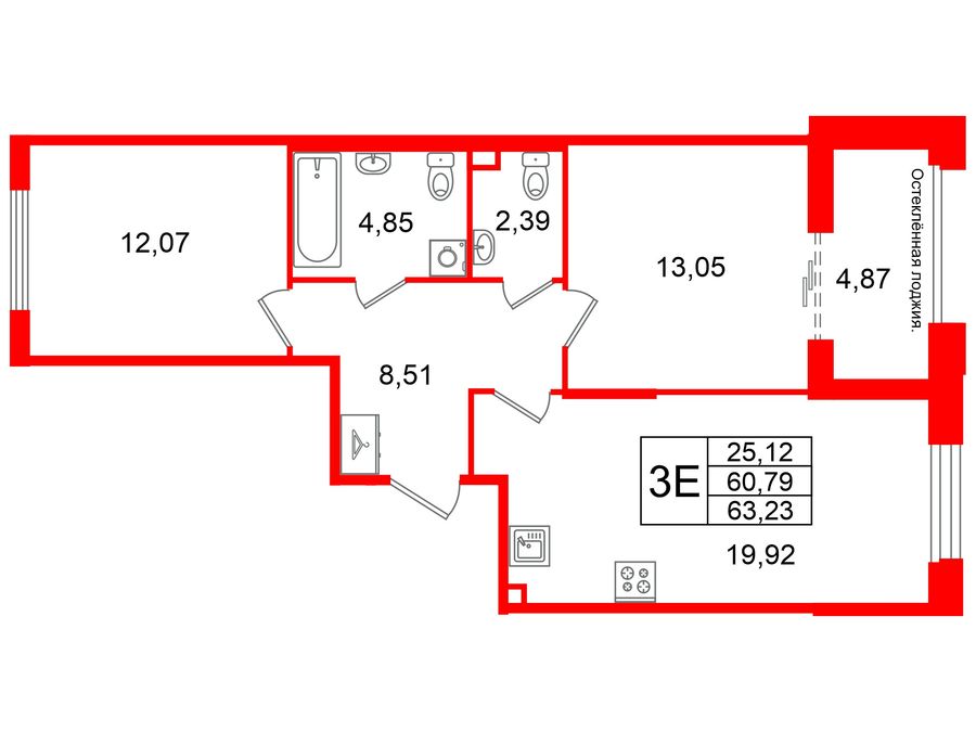 2-комнатная квартира, 60.79 м²; этаж: 2 - купить в Санкт-Петербурге