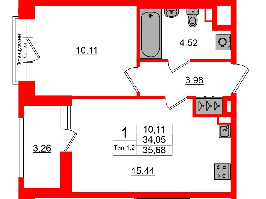 1-комнатная квартира, 34.05 м²; этаж: 2 - купить в Санкт-Петербурге