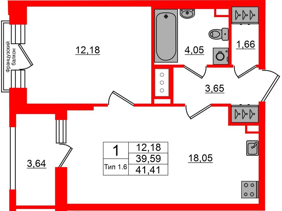 1-комнатная квартира, 39.59 м²; этаж: 10 - купить в Санкт-Петербурге