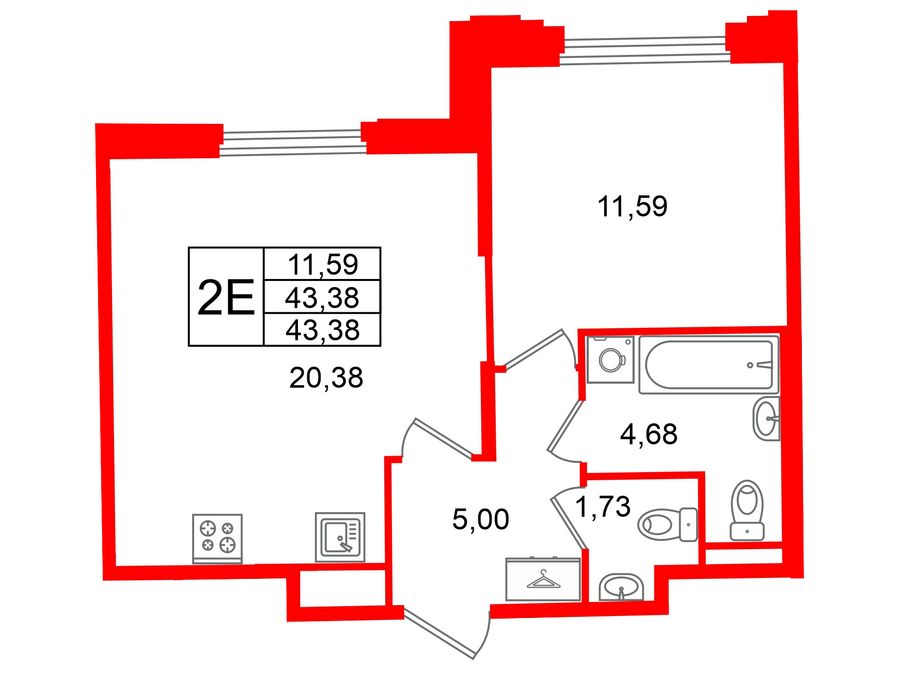 1-комнатная квартира, 43.38 м²; этаж: 2 - купить в Санкт-Петербурге