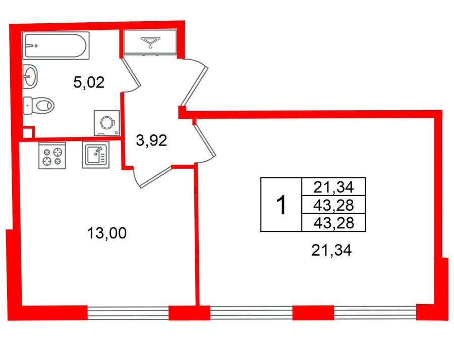 1-комнатная квартира, 43.28 м²; этаж: 2 - купить в Санкт-Петербурге