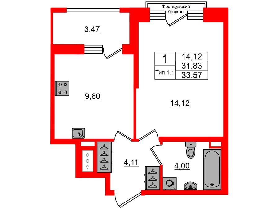1-комнатная квартира, 31.83 м²; этаж: 7 - купить в Санкт-Петербурге