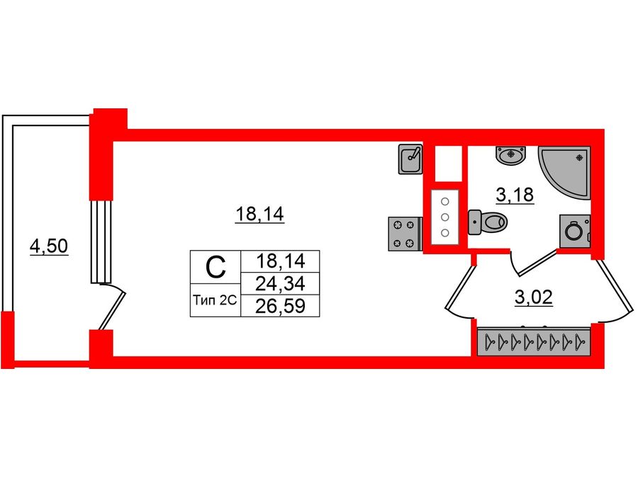 1-комнатная квартира, 24.34 м²; этаж: 4 - купить в Санкт-Петербурге