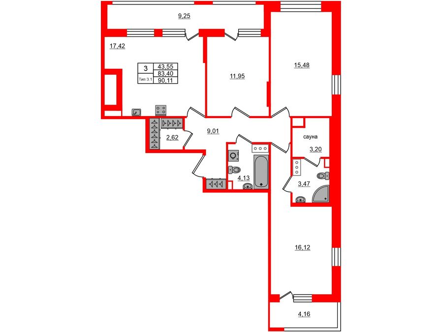 3-комнатная квартира, 83.4 м²; этаж: 2 - купить в Санкт-Петербурге