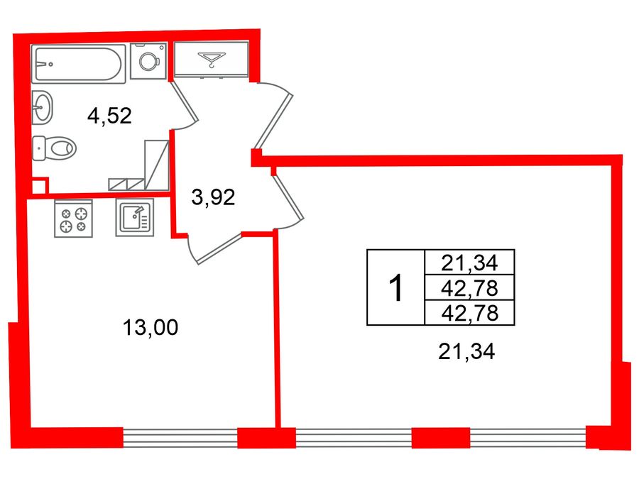 1-комнатная квартира, 42.78 м²; этаж: 4 - купить в Санкт-Петербурге
