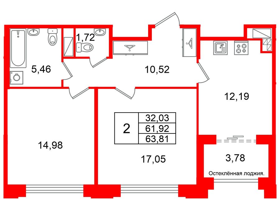 2-комнатная квартира, 61.92 м²; этаж: 5 - купить в Санкт-Петербурге