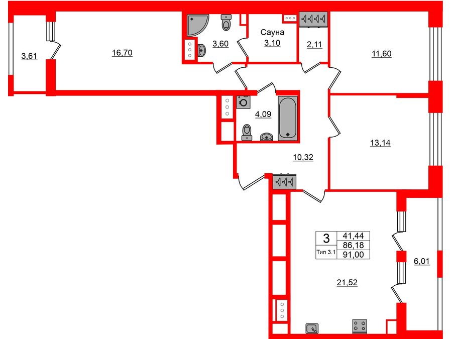 3-комнатная квартира, 86.18 м²; этаж: 4 - купить в Санкт-Петербурге