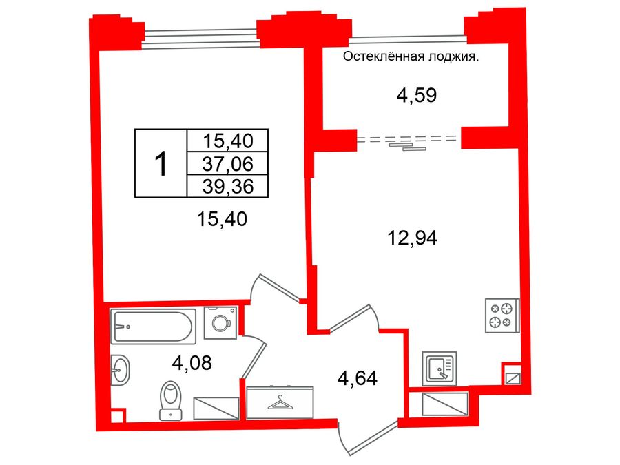 1-комнатная квартира, 37.06 м²; этаж: 3 - купить в Санкт-Петербурге