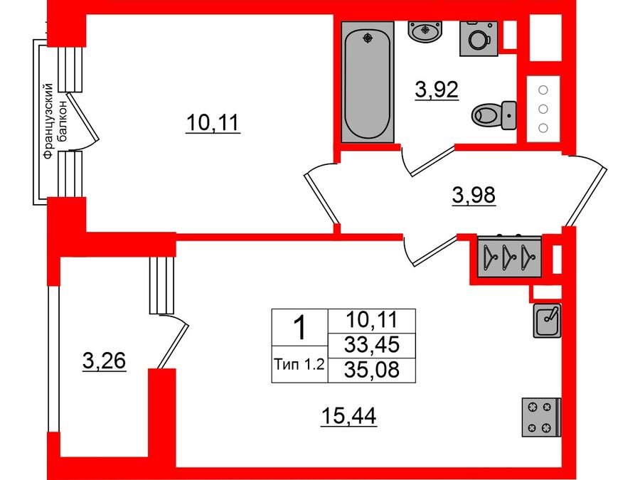 1-комнатная квартира, 33.45 м²; этаж: 4 - купить в Санкт-Петербурге