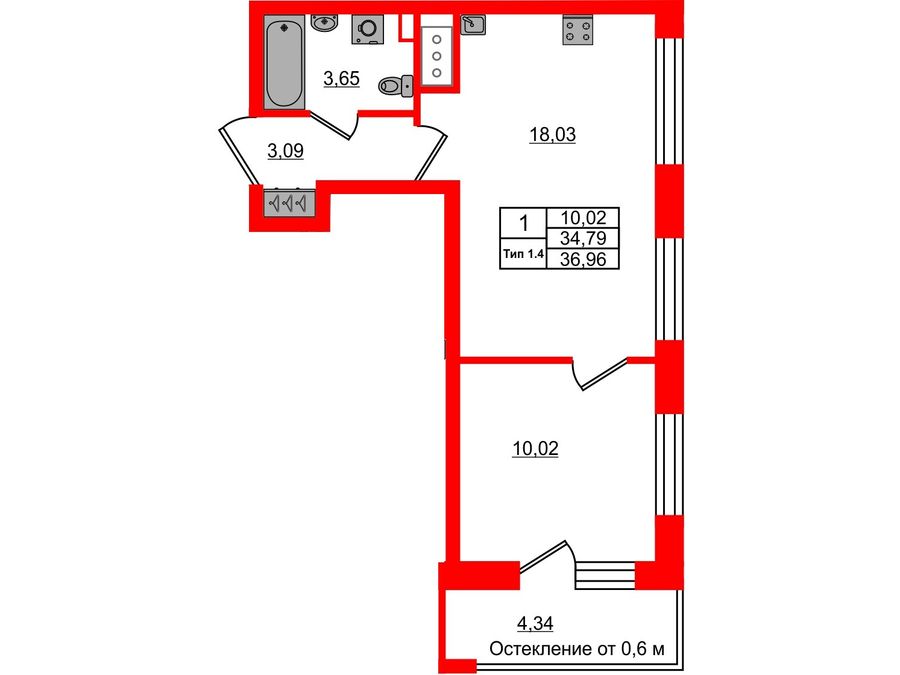 1-комнатная квартира, 34.79 м²; этаж: 11 - купить в Санкт-Петербурге