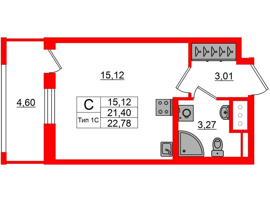 1-комнатная квартира, 21.4 м²; этаж: 11 - купить в Санкт-Петербурге
