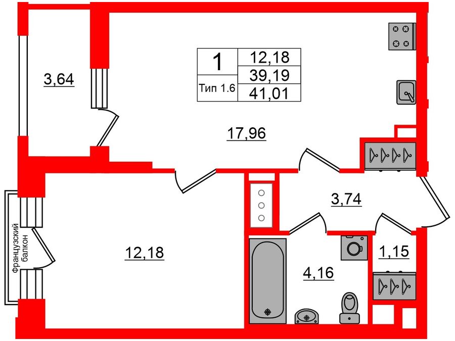1-комнатная квартира, 39.19 м²; этаж: 11 - купить в Санкт-Петербурге