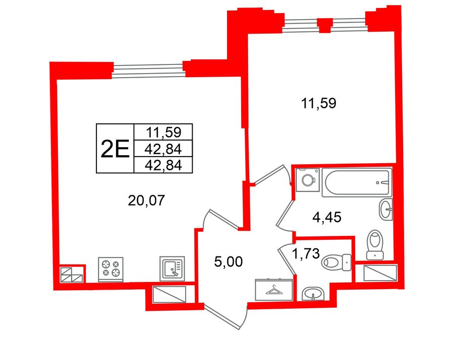 1-комнатная квартира, 42.84 м²; этаж: 5 - купить в Санкт-Петербурге