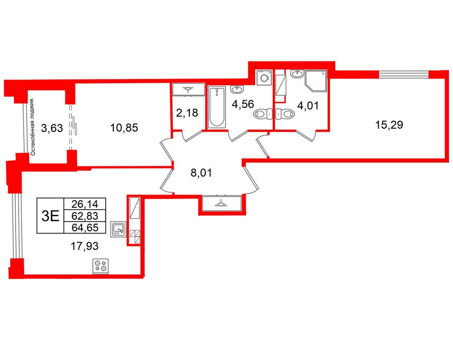 2-комнатная квартира, 62.83 м²; этаж: 5 - купить в Санкт-Петербурге