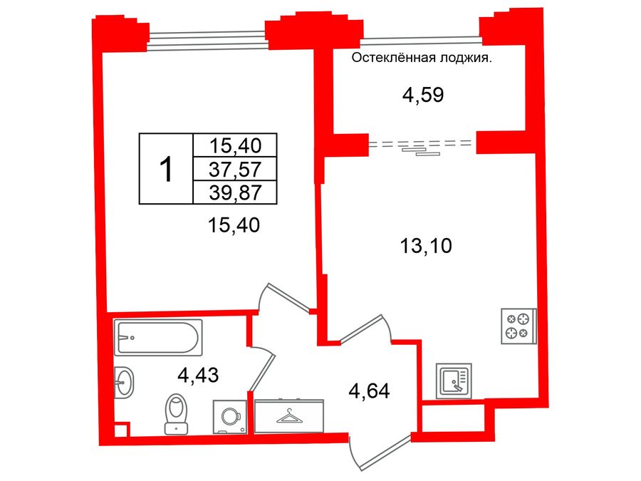 1-комнатная квартира, 37.57 м²; этаж: 2 - купить в Санкт-Петербурге