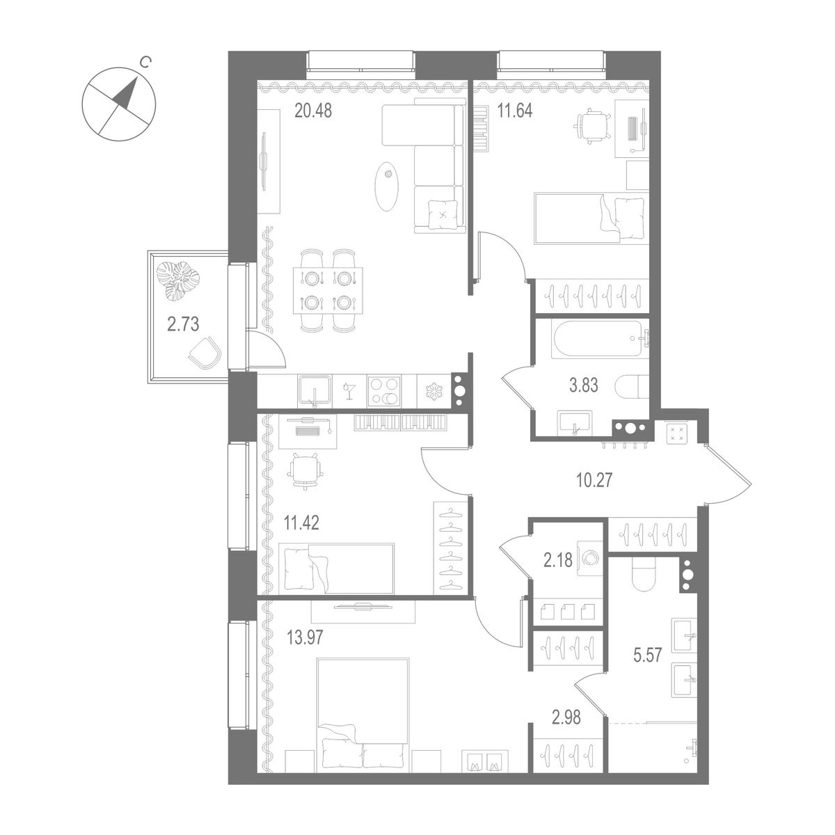 3-комнатная квартира  №61 в Остров Первых: 82.34 м², этаж 4 - купить в Санкт-Петербурге