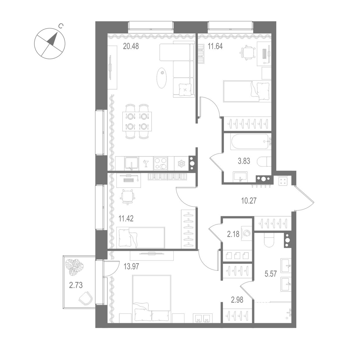 3-комнатная квартира  №67 в Остров Первых: 82.34 м², этаж 5 - купить в Санкт-Петербурге