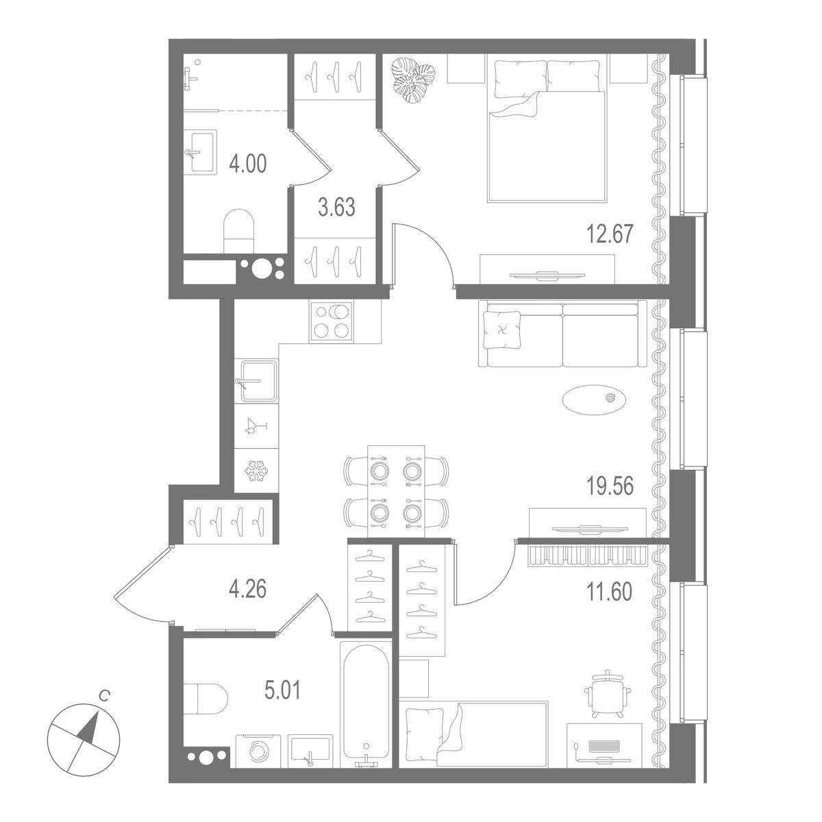 2-комнатная квартира, 60.73 м²; этаж: 10 - купить в Санкт-Петербурге
