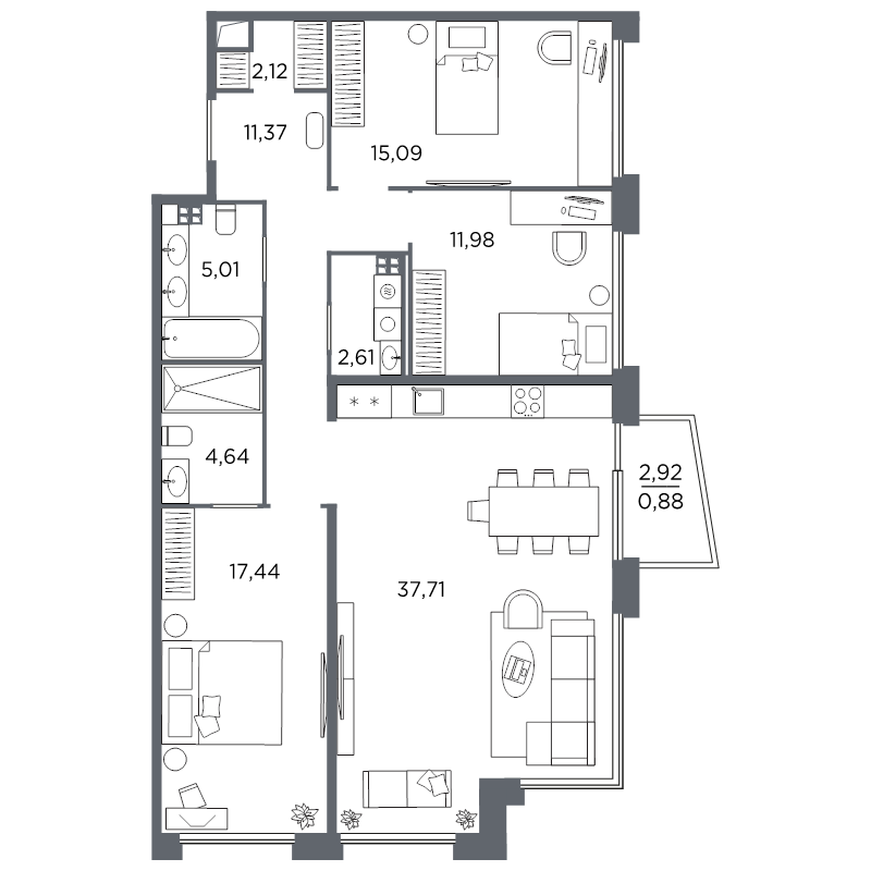 3-комнатная квартира №61 в: Акватория: 108.85 м²; этаж: 5 - купить в Санкт-Петербурге