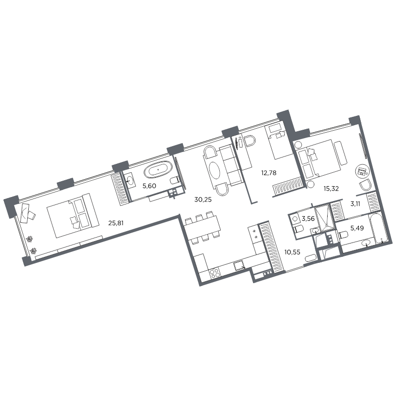 3-комнатная квартира №61 в: Акватория: 112.47 м²; этаж: 5 - купить в Санкт-Петербурге