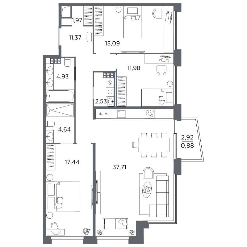 3-комнатная квартира №61 в: Акватория: 108.54 м²; этаж: 7 - купить в Санкт-Петербурге