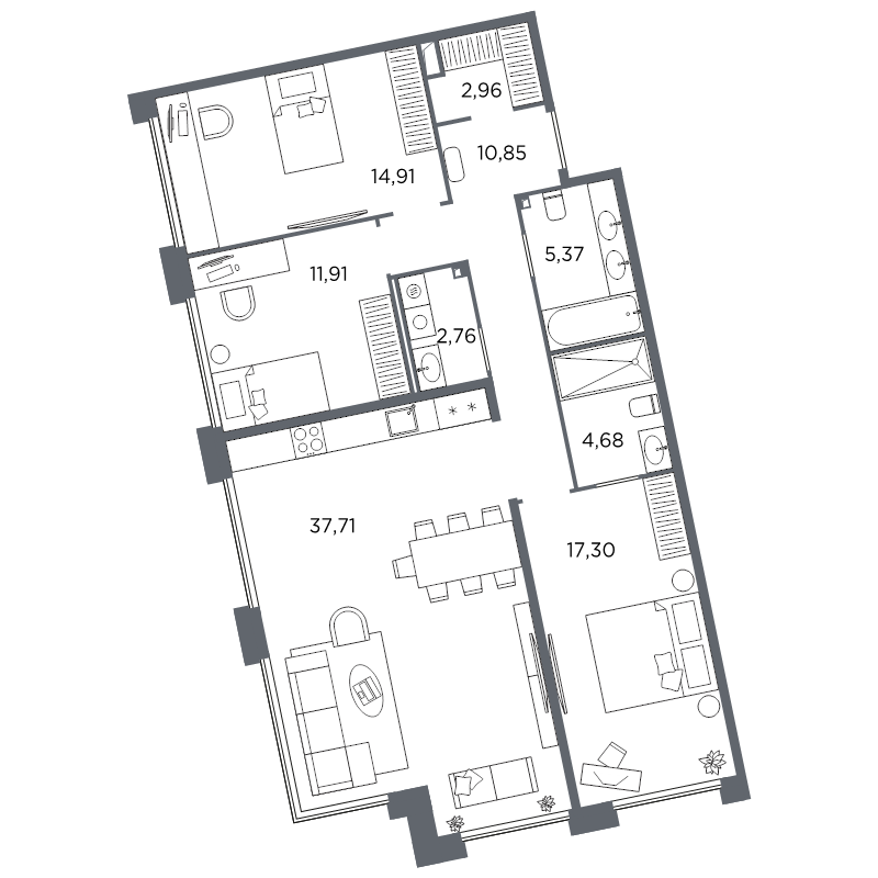 3-комнатная квартира №61 в: Акватория: 108.45 м²; этаж: 3 - купить в Санкт-Петербурге