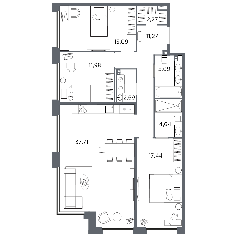 3-комнатная квартира №61 в: Акватория: 108.18 м²; этаж: 3 - купить в Санкт-Петербурге