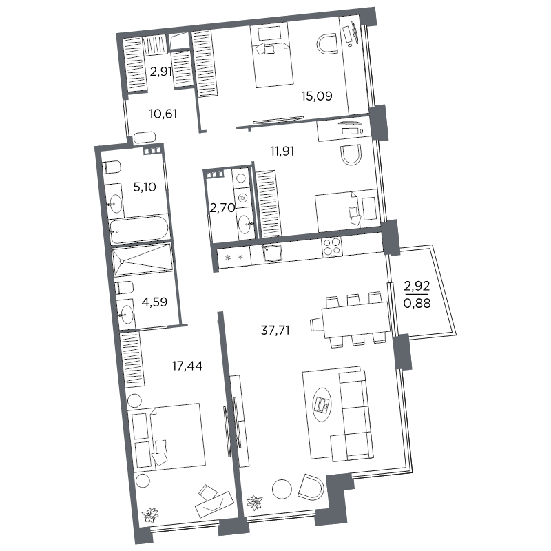3-комнатная квартира №61 в: Акватория: 108.94 м²; этаж: 5 - купить в Санкт-Петербурге