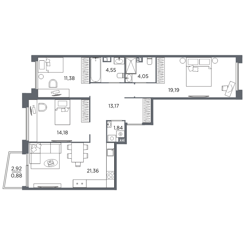 3-комнатная квартира, 90.6 м²; этаж: 3 - купить в Санкт-Петербурге