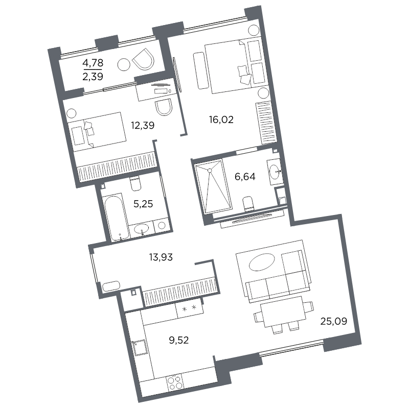 2-комнатная квартира, 91.23 м²; этаж: 3 - купить в Санкт-Петербурге