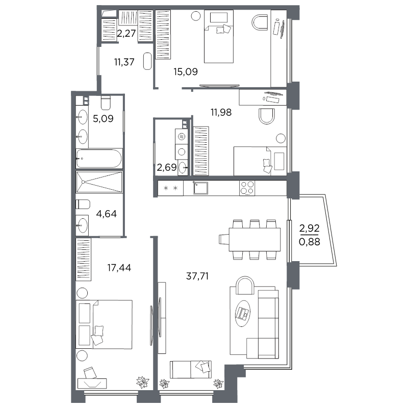 3-комнатная квартира №61 в: Акватория: 109.16 м²; этаж: 3 - купить в Санкт-Петербурге