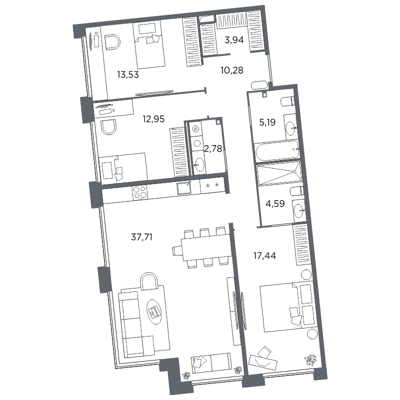 3-комнатная квартира №61 в: Акватория: 108.41 м²; этаж: 3 - купить в Санкт-Петербурге