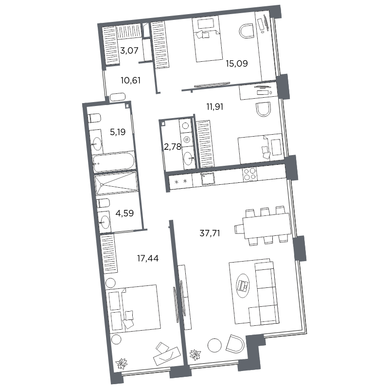 3-комнатная квартира №61 в: Акватория: 108.39 м²; этаж: 3 - купить в Санкт-Петербурге