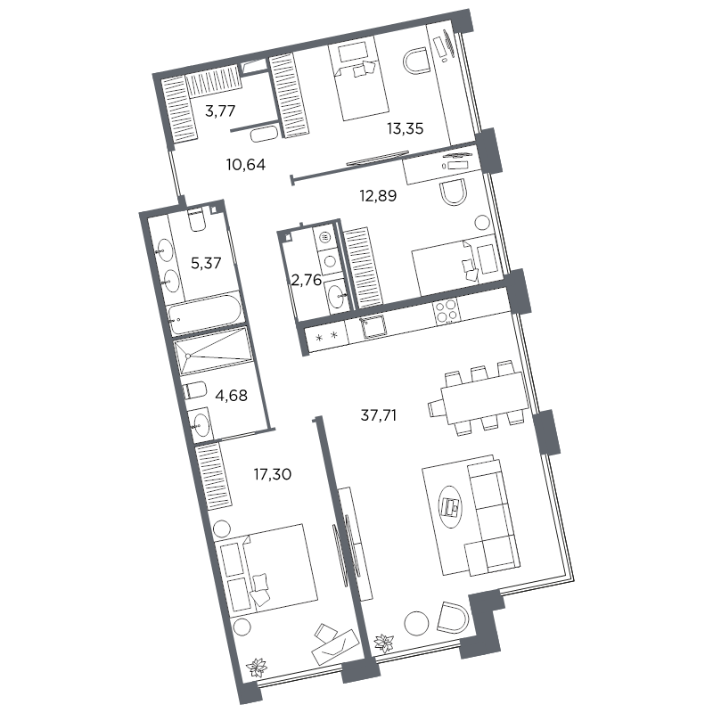 3-комнатная квартира №61 в: Акватория: 108.47 м²; этаж: 3 - купить в Санкт-Петербурге