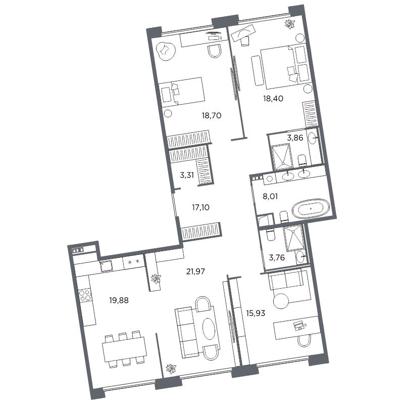 3-комнатная квартира №61 в: Акватория: 130.92 м²; этаж: 5 - купить в Санкт-Петербурге