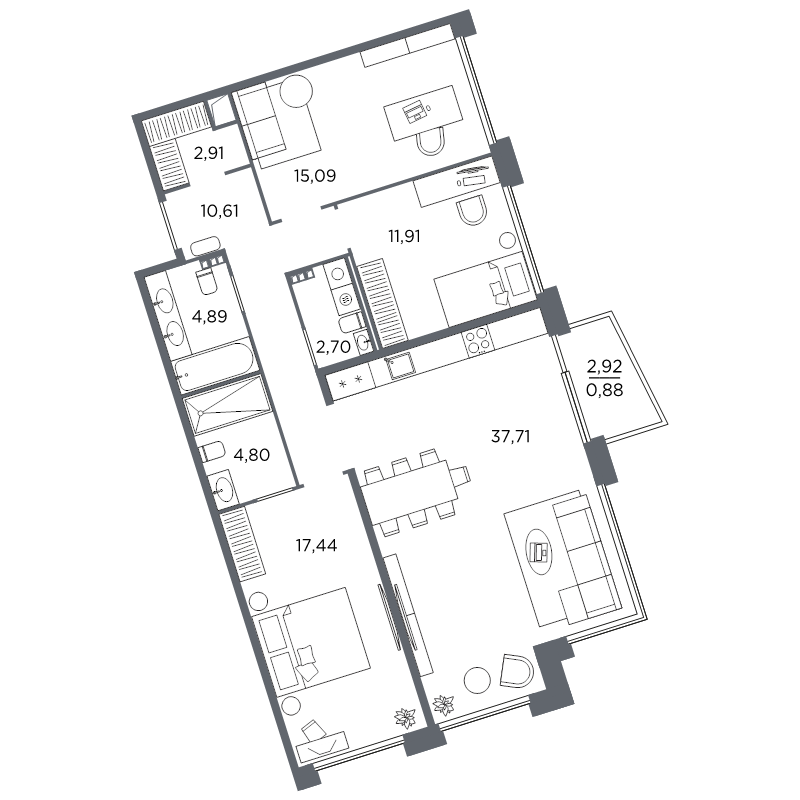 3-комнатная квартира №61 в: Акватория: 108.94 м²; этаж: 5 - купить в Санкт-Петербурге