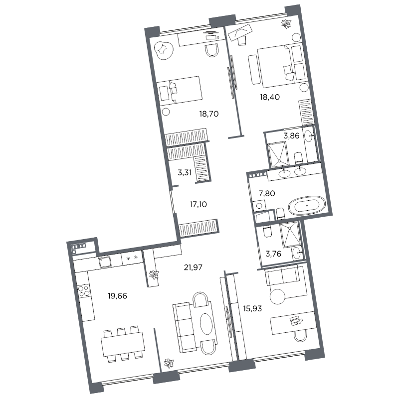 3-комнатная квартира №61 в: Акватория: 130.49 м²; этаж: 7 - купить в Санкт-Петербурге