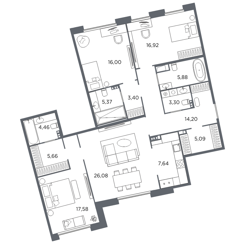 3-комнатная квартира №61 в: Акватория: 131.58 м²; этаж: 5 - купить в Санкт-Петербурге