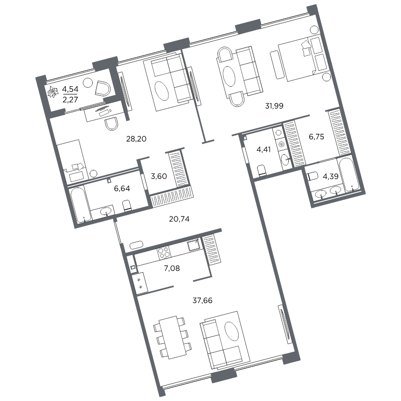 2-комнатная квартира №61 в: Акватория: 153.73 м²; этаж: 3 - купить в Санкт-Петербурге