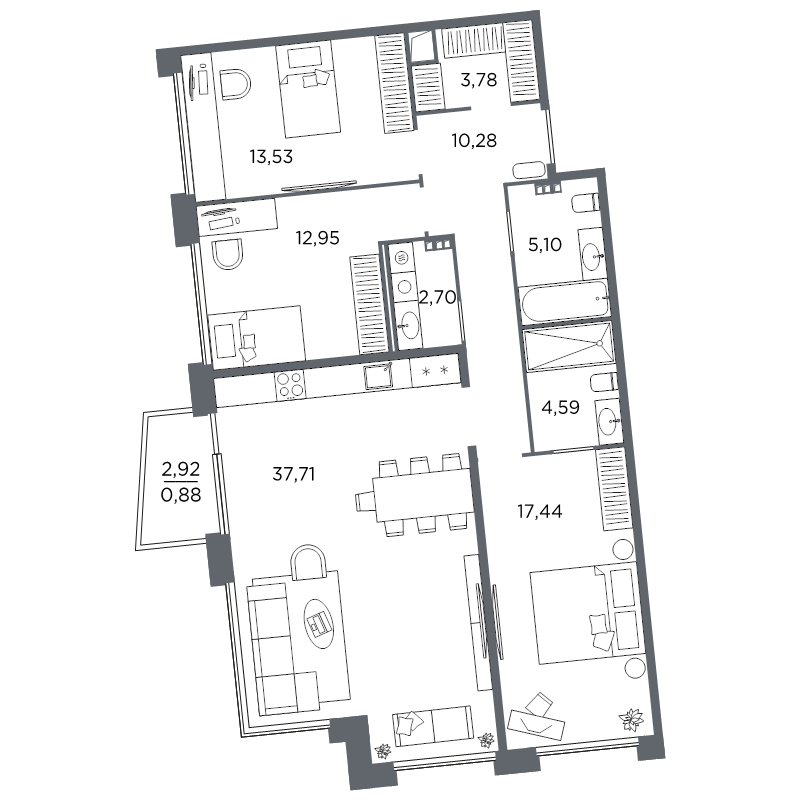 3-комнатная квартира №61 в: Акватория: 108.96 м²; этаж: 5 - купить в Санкт-Петербурге