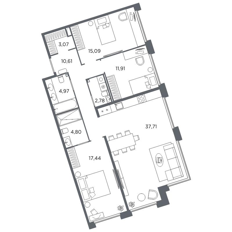 3-комнатная квартира №61 в: Акватория: 108.38 м²; этаж: 3 - купить в Санкт-Петербурге