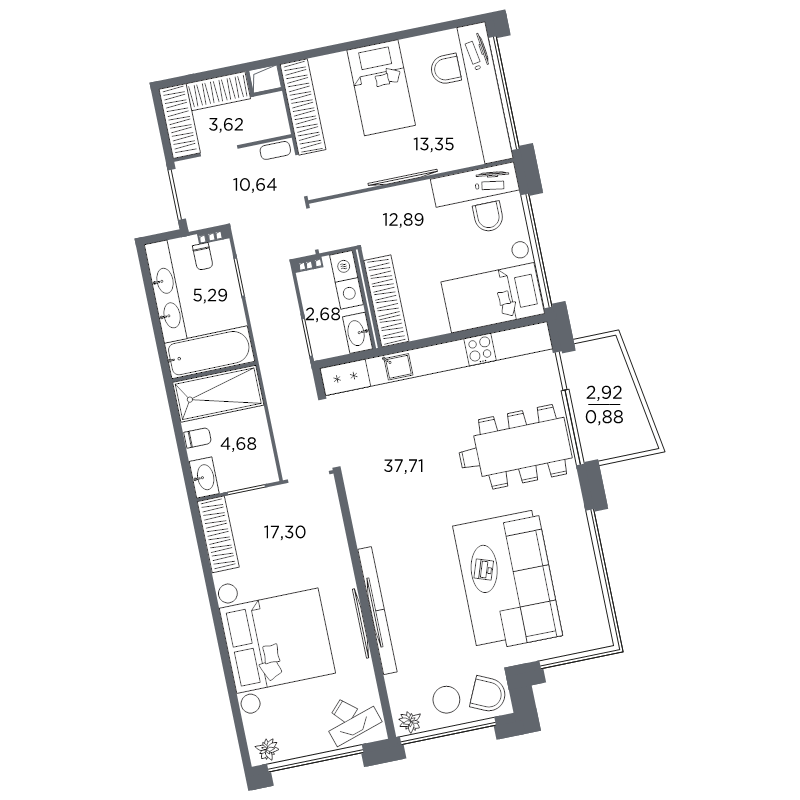 3-комнатная квартира №61 в: Акватория: 109.04 м²; этаж: 5 - купить в Санкт-Петербурге
