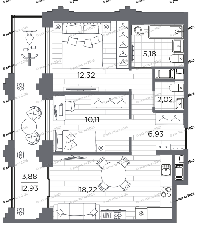 2-комнатная квартира  №45 в Ассамблея: 58.35 м², этаж 7 - купить в Санкт-Петербурге