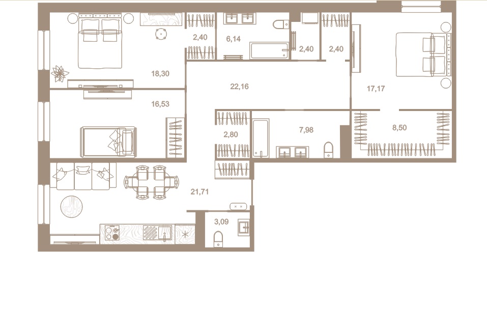 3-комнатная квартира  №210 в Северная корона Residence: 132.5 м², этаж 3 - купить в Санкт-Петербурге